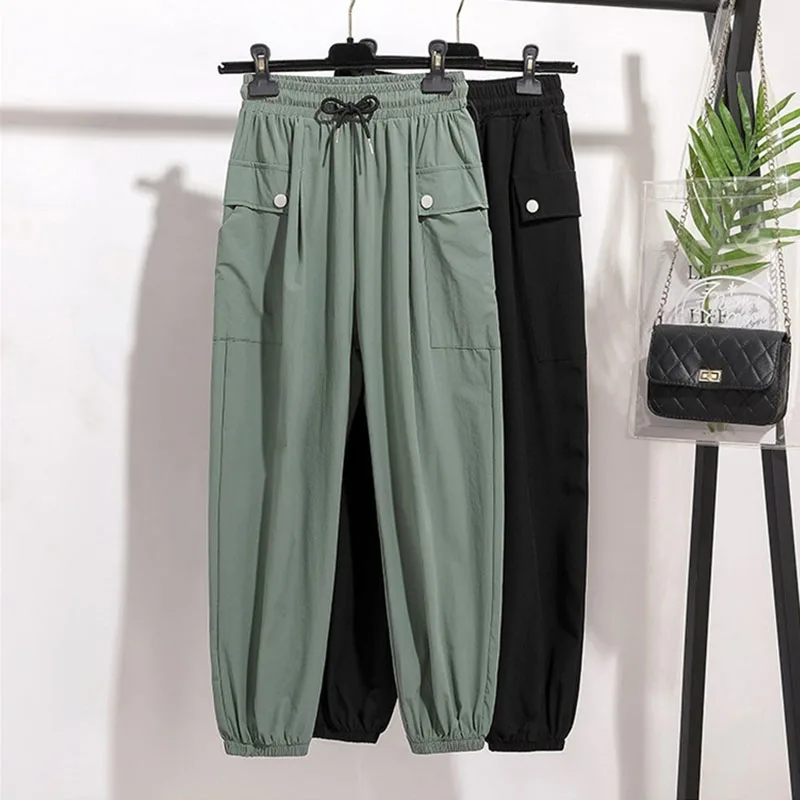 Oversize XXL-6XL Summer Cargo Pants Women Thin Harem Pants Elastic Waist Ankle-Length Pants Female Loose Largesize Casual Pants