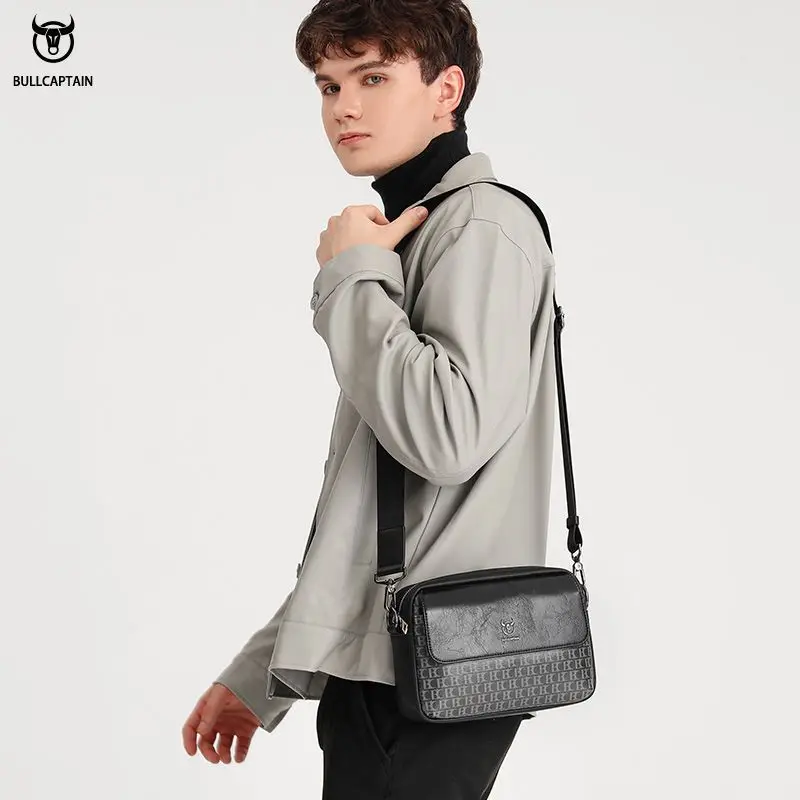 Bullcaptain-Bolsos de hombro de cuero de silicona para hombre, Bolso pequeño informal de piel de vaca, bandolera con solapa