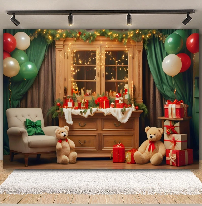 クリスマスのおもちゃのクマの写真の背景,ギフトルーム,暖炉,クリスマスツリーの鐘,木製の本棚の花輪,写真スタジオ