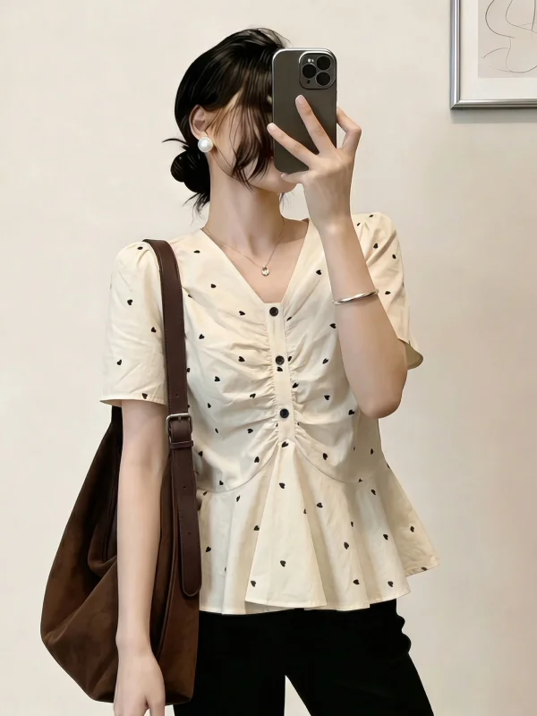 

Puffy Sleeve V-Neck Short-Sleeved Shirt Women's Summer New Style plus Size Fluffy Top Commute Korean Loose Fit Bubble Shirt