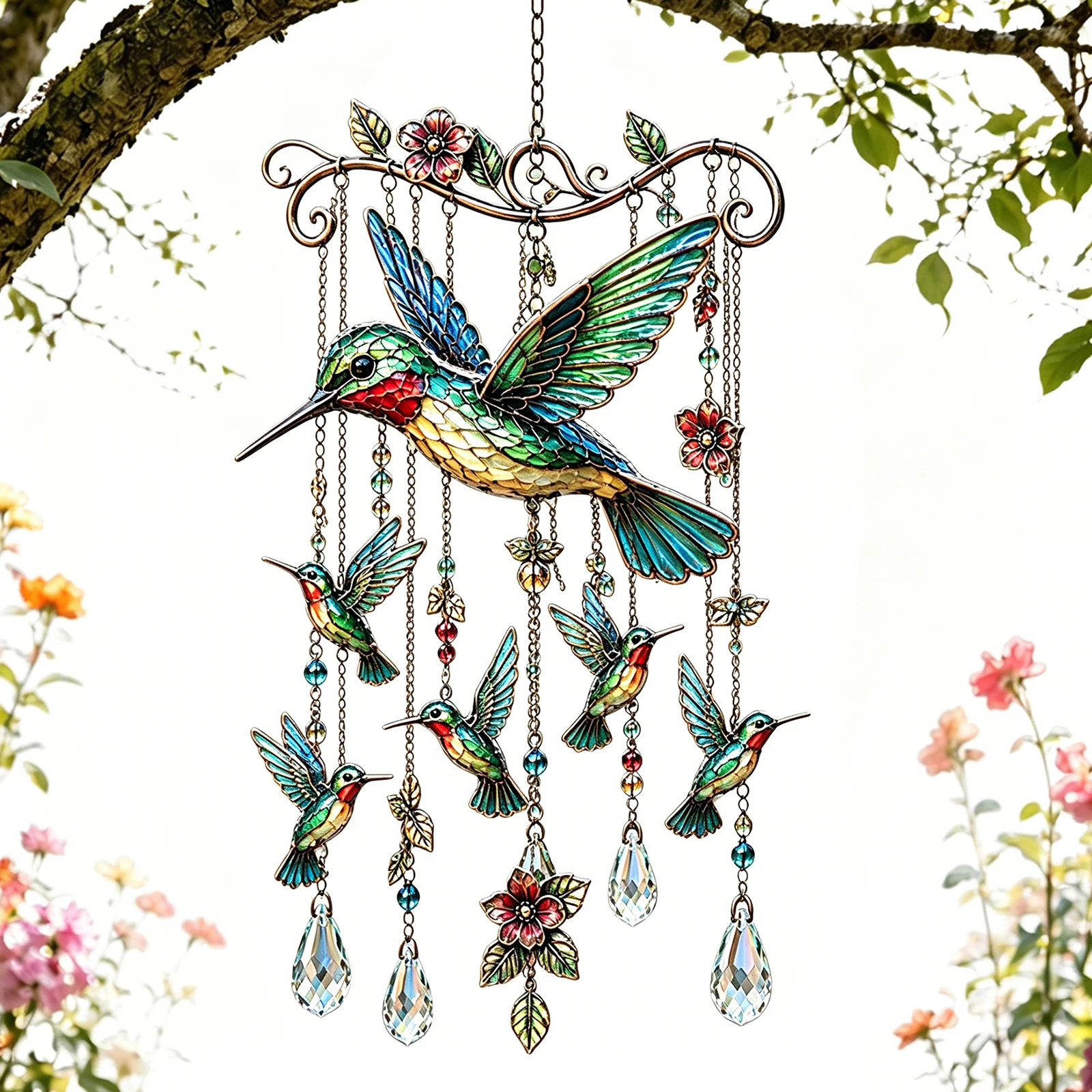 Graceful Bird Wind Chime with Crystal Pendants Colorful Bird Hanging Ornaments Creative Birds Winds Chimes for Women Mothers Day Birthday Memorial Gifts (Hummingbird)