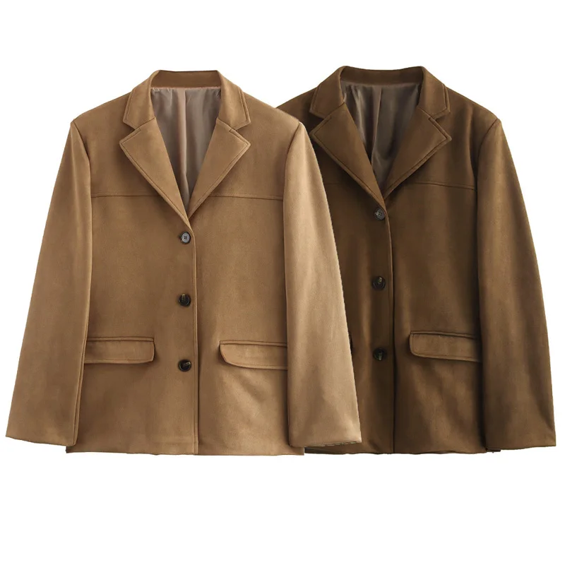 HXAO Women's Blazer Suede Jacket Spring 2025 Outerwears Brown Long Sleeve Blazer Vintage Solid Fitted Coat Old Money Jackets 066