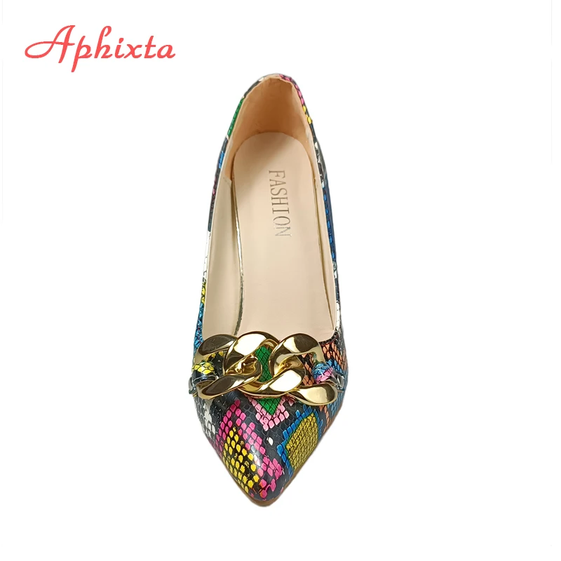 Aphixta 2022 Spring Gold Chain Pumps Women Shoes 10cm 3.94Inch Thin Heels Snak Prints Office Ins Style Shoes Super Plus Size 50