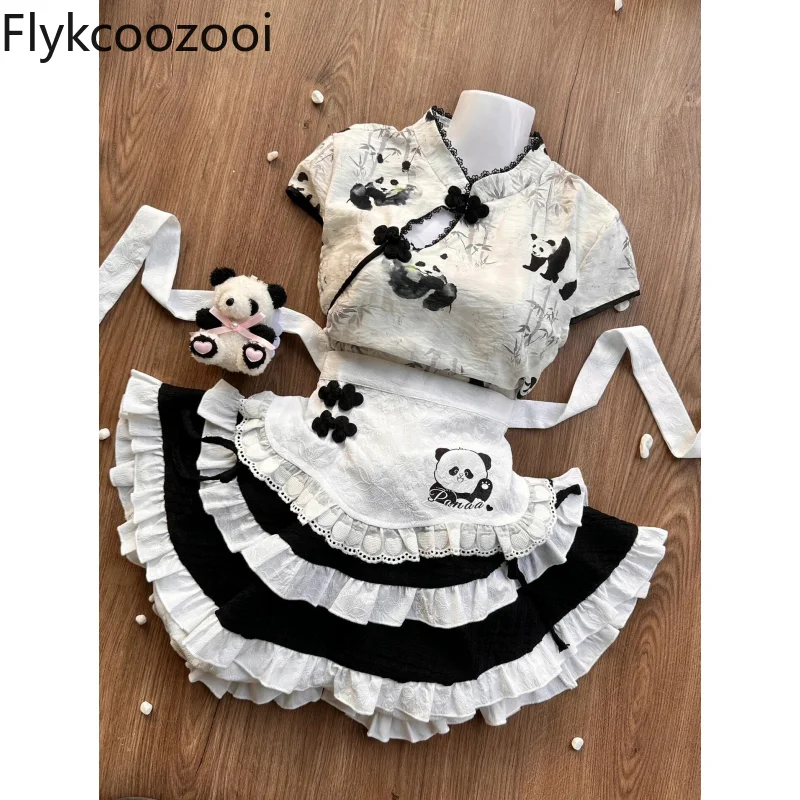 Cute Girl Sweet New Chinese Panda Print Top High Waisted Slimming Puffy Cake Shaped Skirt Maid Apron Set Conjuntos De Mujer