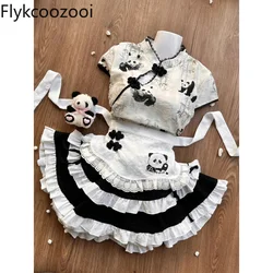 Schattig Meisje Lieve Nieuwe Chinese Panda Print Top Hoge Taille Afslankende Gezwollen Cake Vormige Rok Dienstmeisje Schort Set Conjuntos De Mujer