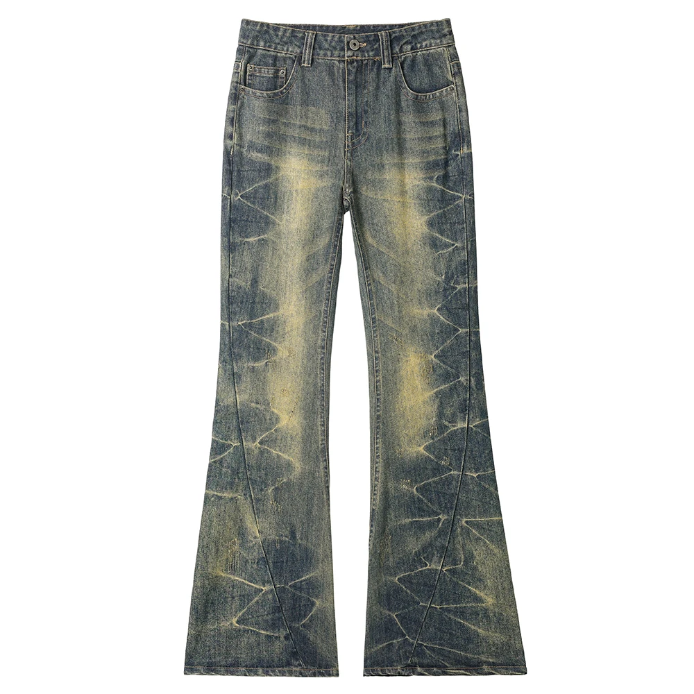 

Men Boot Cut Denim Jeans Loose Vintage Blue Spliced Flared Pants Casual Relaxed Non Stretch Baggy Trousers