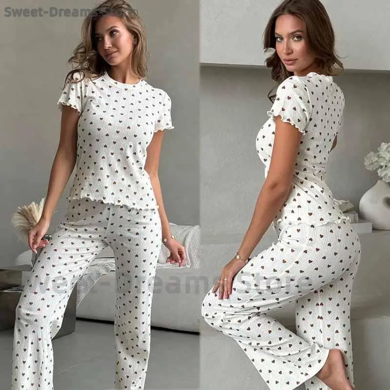 Women Knit Jacquard Pajamas Print Heart-Shaped 2 Pcs Short Sleeves Shirt&long Pant Sleepwear Casual Loose Home Wear Sleepwear
