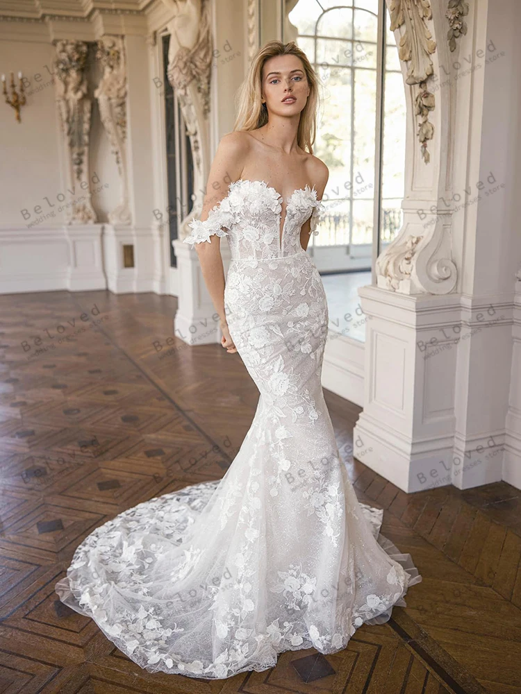 Luxus Brautkleider Spitze Brautkleider Weg Von Der Schulter Roben Schatz Backless Sweep Zug Vestidos De Novia Angepasst