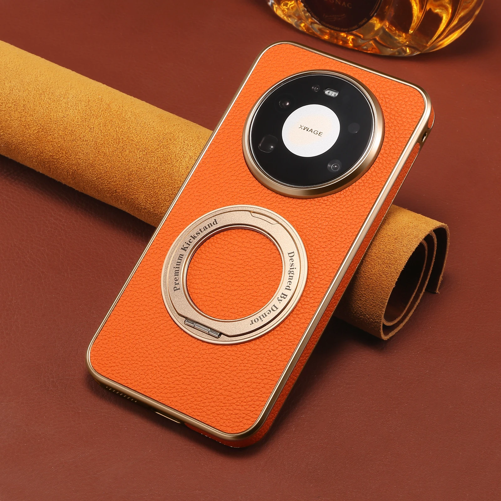 Denior Litchi Grain Phone Case Suitable for Huawei Mate 80 Pro Max, Faux Leather Cover With 360 Rotating Stand Holder