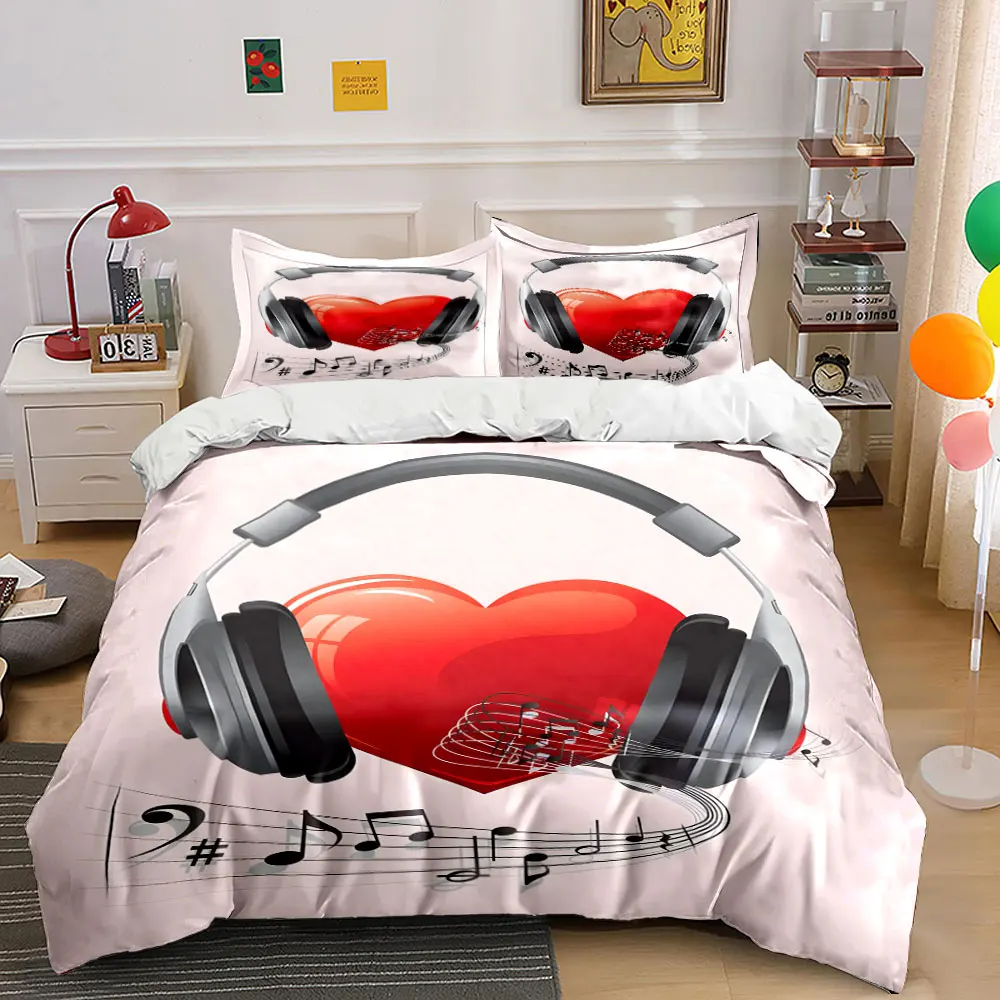 Music and Heart Connection Print Bedding Set 1 Duvet Cover 2 Pillowcases for Adult and Children Luxury Gift Full Size