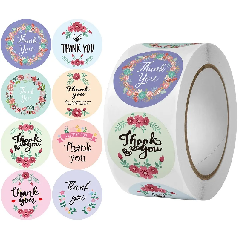 100-500PCS New Thank You Stickers for Business Small Merci Home Made Label Roll Packaging Sticker Flower Pack Rolling Sticker