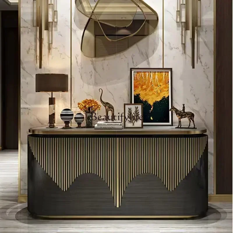 

Postmodern light luxury dining side cabinet wine cabinet integrated against the wall household solid wood entrance foyer