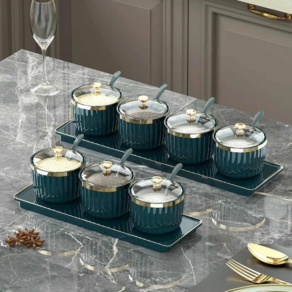 

Household 3/4 Grid Seasoning Storage Box Plastic Morden Style Spice Jar with Spoon and Lid Sealed Condiment Container Restaurant