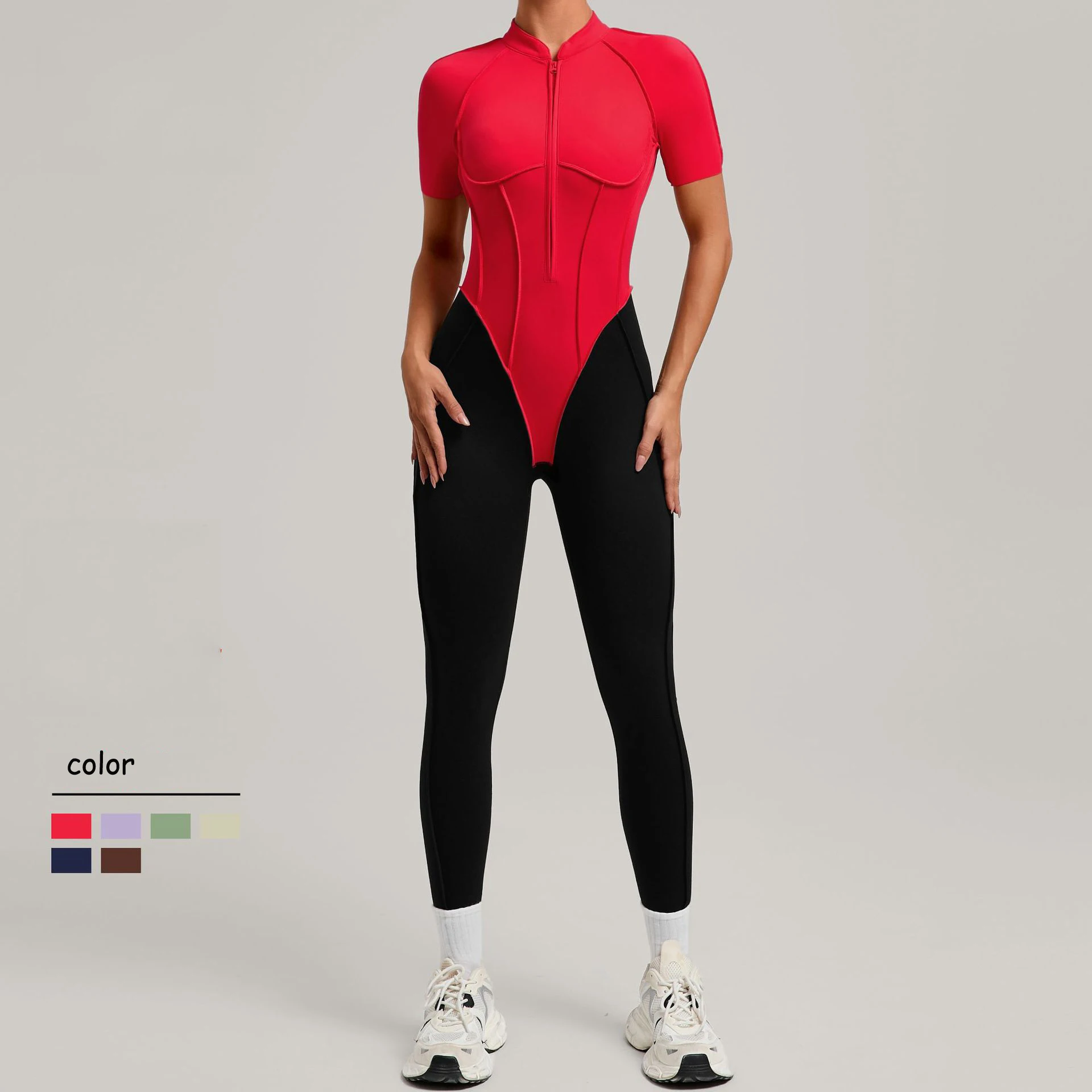 

New Zip Nylon High Elastic Built In Bra Fitness Jumpsuit Short Sleeve paneled colors Workout Yoga Bodysuit for Women Backless