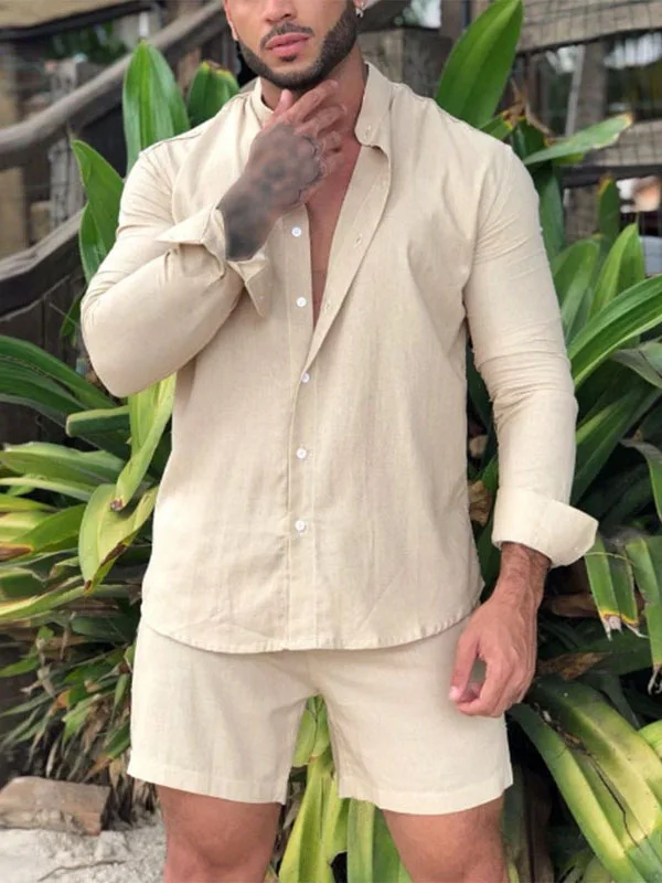 

Men's cotton-linen suit long-sleeved shorts loose multi-colored two-piece casual set