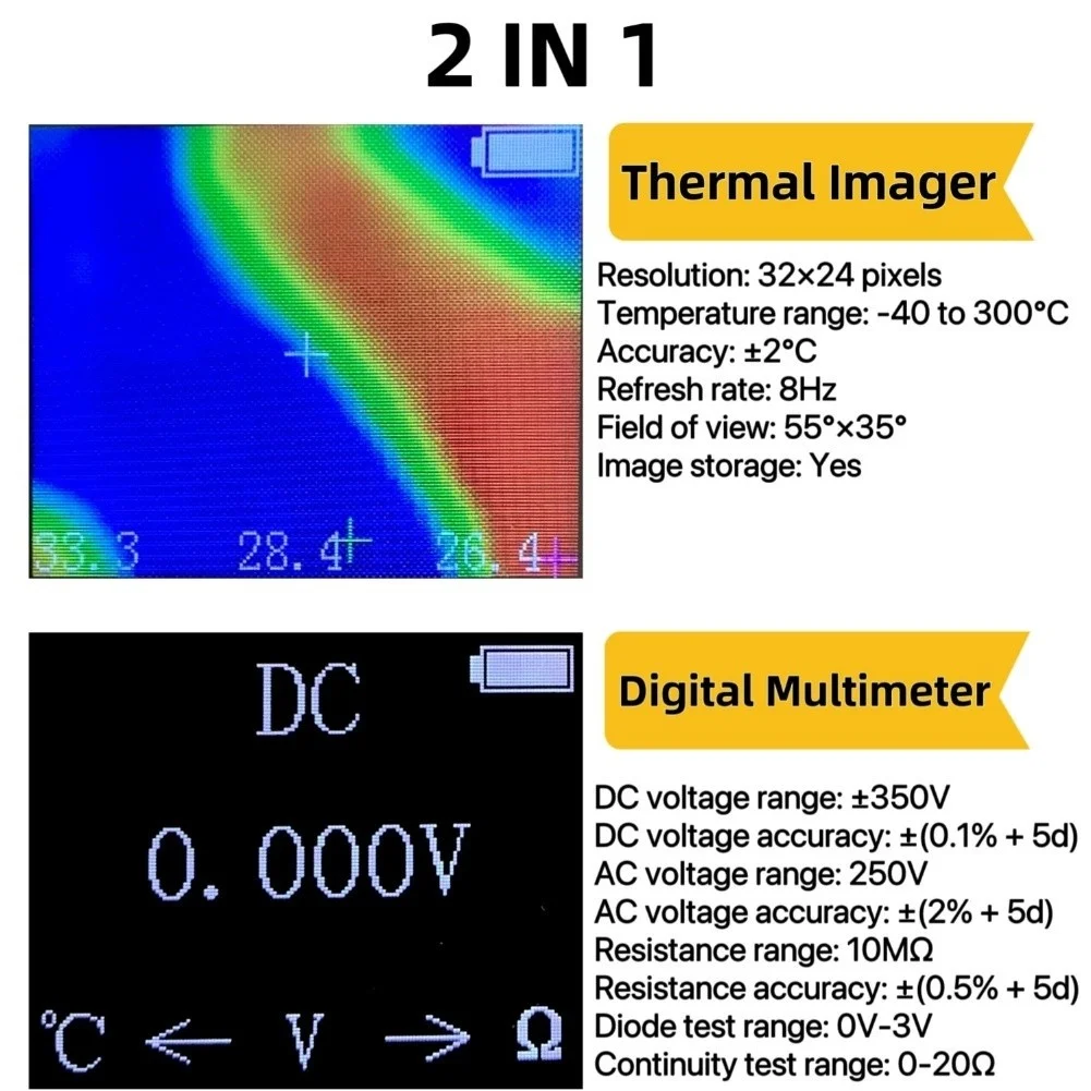 Portable 2in1 For IR Thermal Imaging and Digital Multimeter Device with 32x24 Resolution and Real Time Thermal Image Storage