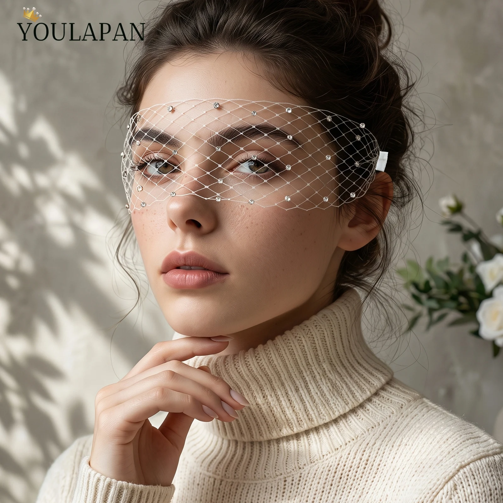 TOPQUEEN White Birdcage Veil With Rhinestones Fishnet Netting Face Veil With Hair Comb Bridal Wedding Accessory MA30