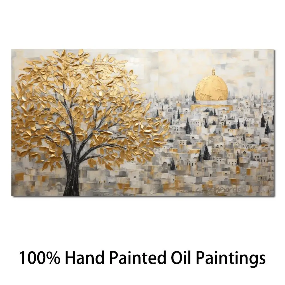 

Jerusalem Gold Canvas Art Jewish Handmade Textured Painting Old City Tree Landscape Artwork Contemporary Dining Room Decor Large