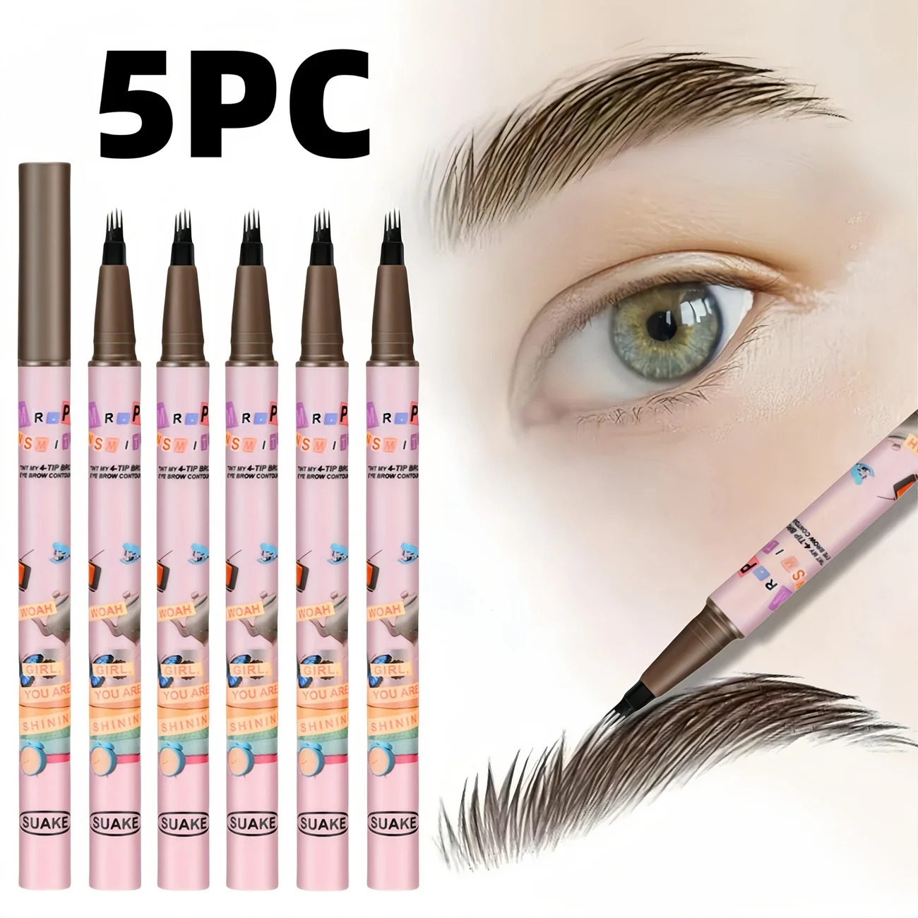 Juego de lápices para cejas de agua de 4 puntas, efecto Microblading, trazos ultrafinos, impermeables, duraderos, cejas naturales, 5 piezas