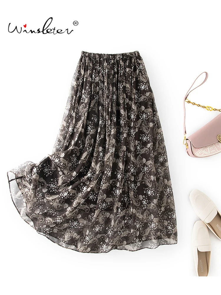 Winsleter-8MM 100%Silk Elegant Skirts, Elastic Waist Paisley Print, Women Vacation Retro Thin A-line Skirt, 2026 Autumn B69440CC