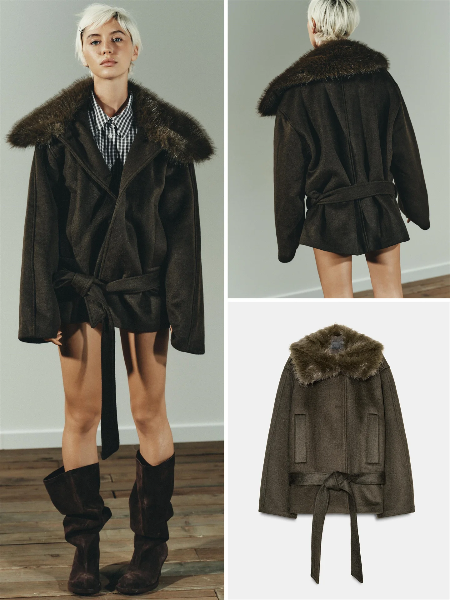 

Winter New Arrival Women's Commuter Sle Coat with Fur Collar Long Sve Belted Cotton And Wool Blend Outerwear