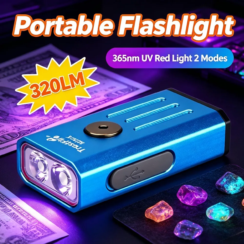 Mini EDC Keychain Flashlight 320LM 365nm UV Red Light 2 Modes Type-C USB Rechargeable Colourful Torch for Daily Use