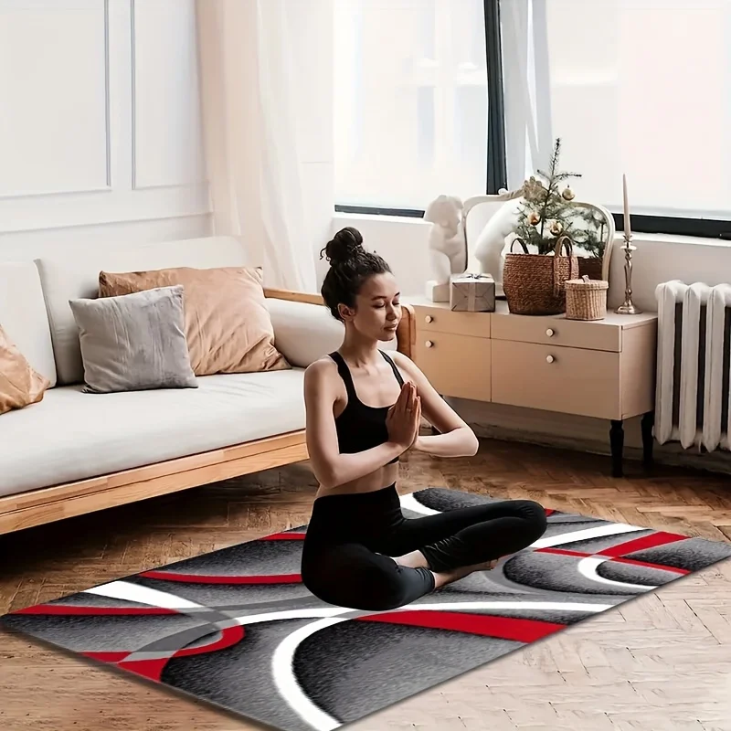 VIKAMA Abstract Curve Area Rug Modern Red Gray White Swirl Line Print Non-Slip Washable Living Room Bedroom Home Floor Mat