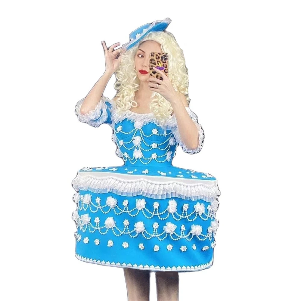 Pearl Flower Pink Festival Stage Rave Clothes Cake Dress Women Party Cosplay Costume Blue Appliques Evening Party Cake Dresses