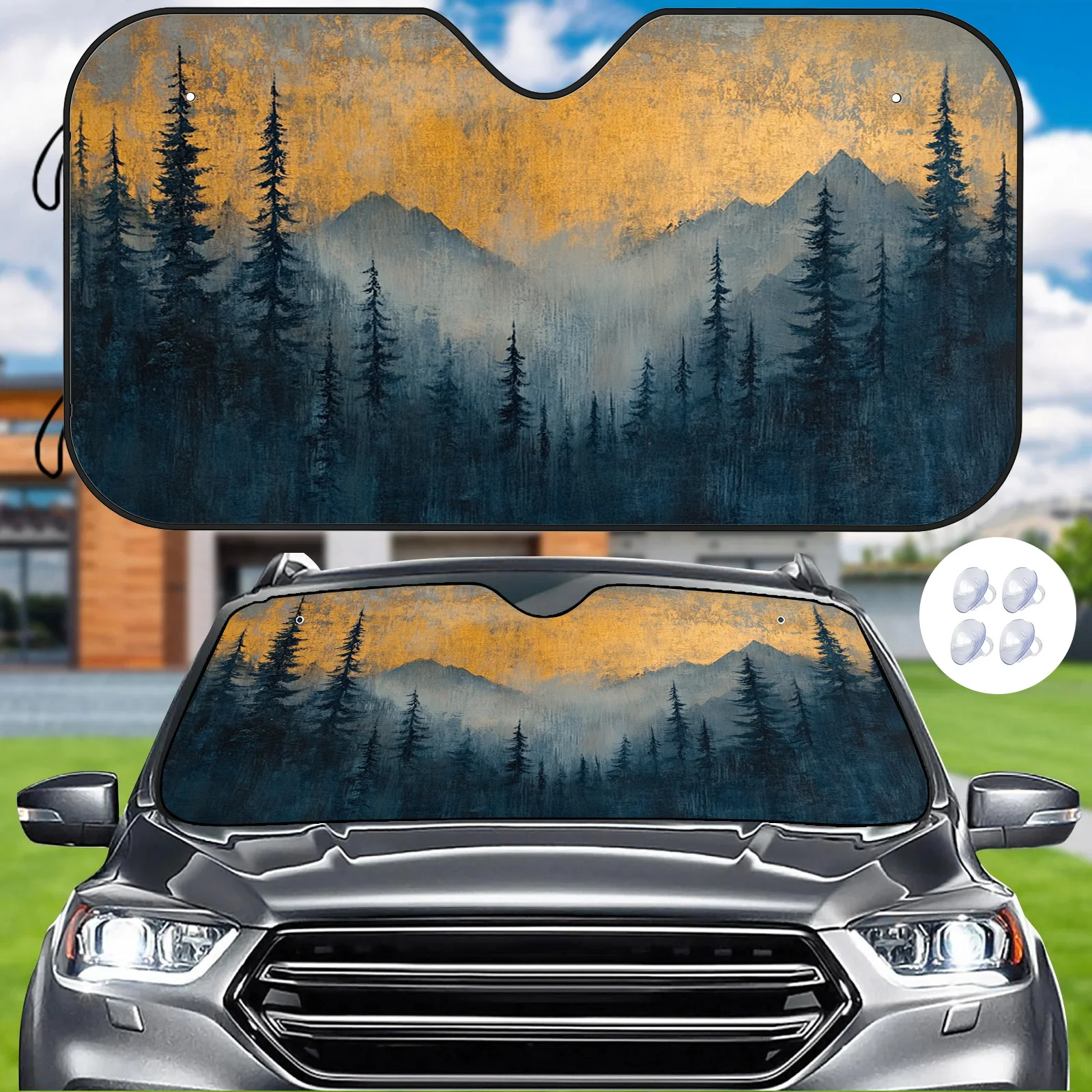 

Quiet Car Sunshade With Landscape Oil Painting Design, Heat-Blocking And Anti-Scratch, Includes 4 Suction Cups