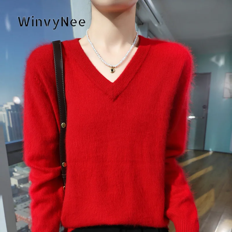 WinvyNee Women V Neck Jumper Mink Velvet Soft Knit Pullover Brushed Fabric Relax Silhouette Basic Casual Commute Wear  ZA1248055