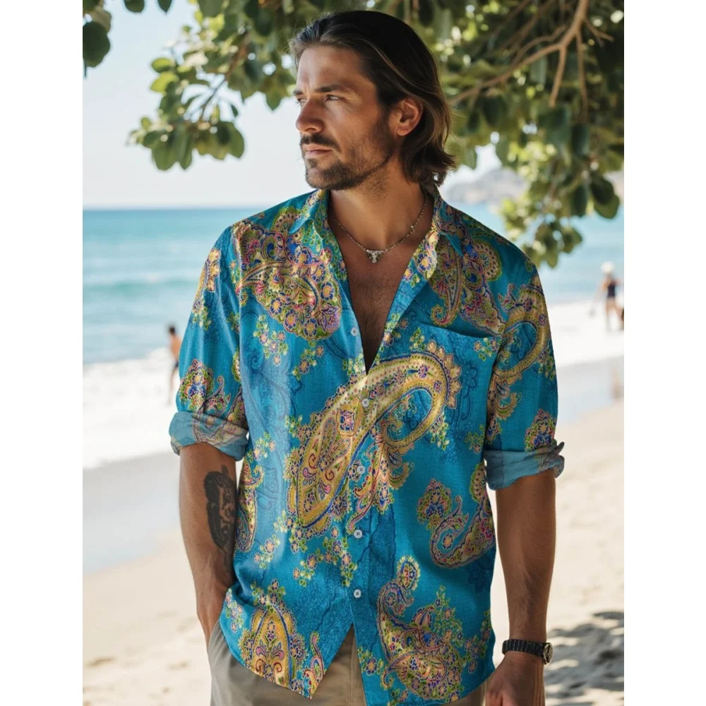 

Men's social and casual Hawaiian long sleeved shirt with retro flower pattern beach Harajuku fashion luxury clothing linen shirt