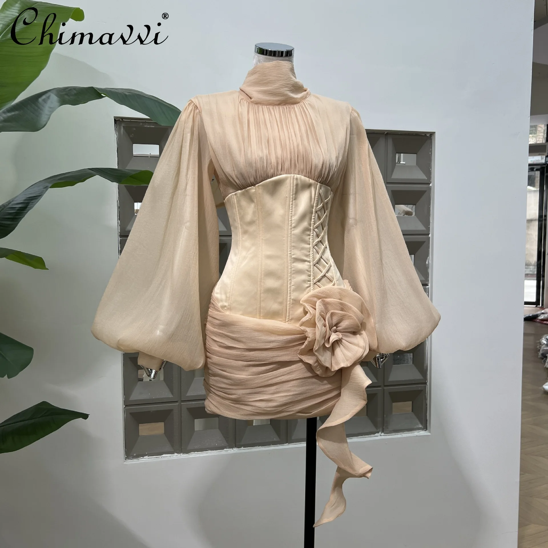 

French Elegance Temperament Stand Collar Lantern Sleeved 3D Flower High Waist Hip-wrapped Socialite Short Evening Dress Woman
