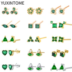 925 Sterling Silver Ear Needle Green Crystal Stud Earrings for Women Flower/Heart/Triangle Piercing Earrings Fashion Jewelry