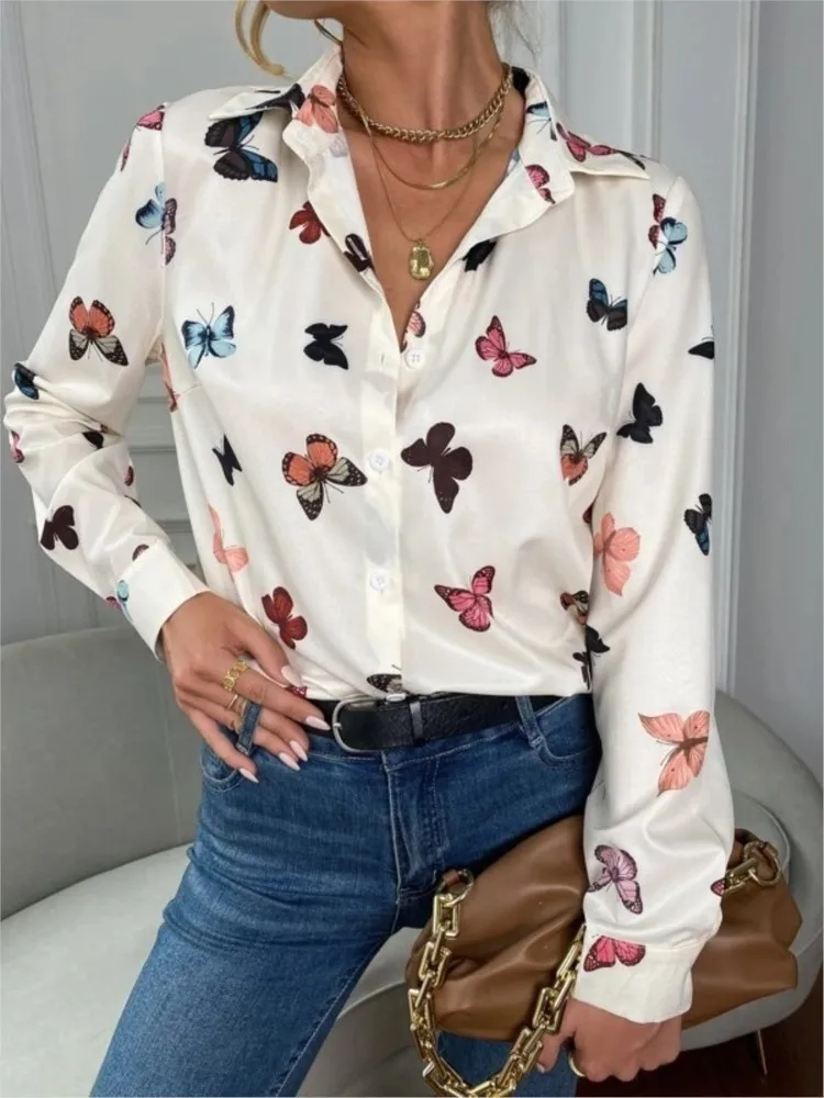 Women Fashion Butterfly Print Shirt Blouse Spring Autumn Turn-down Collar Long Sleeve Button Casual Loose Elegant Ladies Shirts