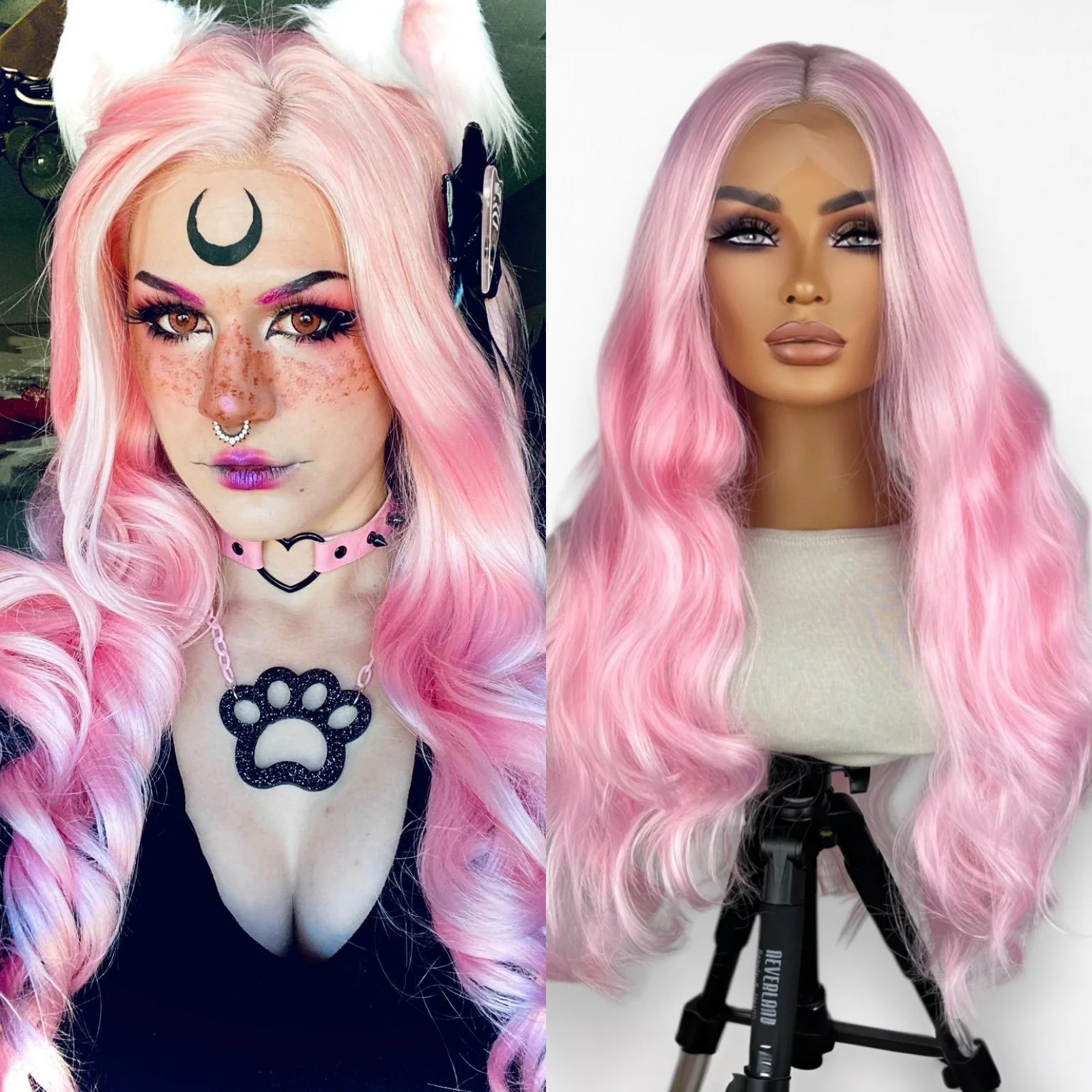 Pastel Pink Long Wavy Body Wave Synthetic Wig Middle Part Natural Wave Soft Lace 13X4 Lace Front Wigs for Women Party Cosplay