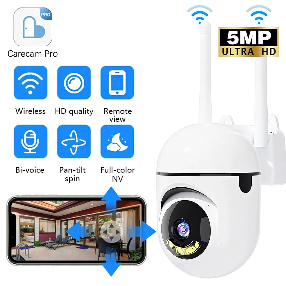 5MP Wifi IP Wireless Security Surveillance PTZ Camera Cameras Auto Tracking Two-Way Audio HD Night Color Cam Carecam Pro App