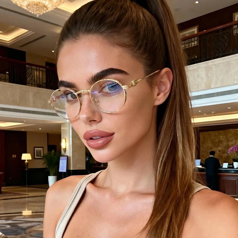 1pc classic carved retro round frame glasses polished texture lightweight men and women daily leisure all-match glasses
