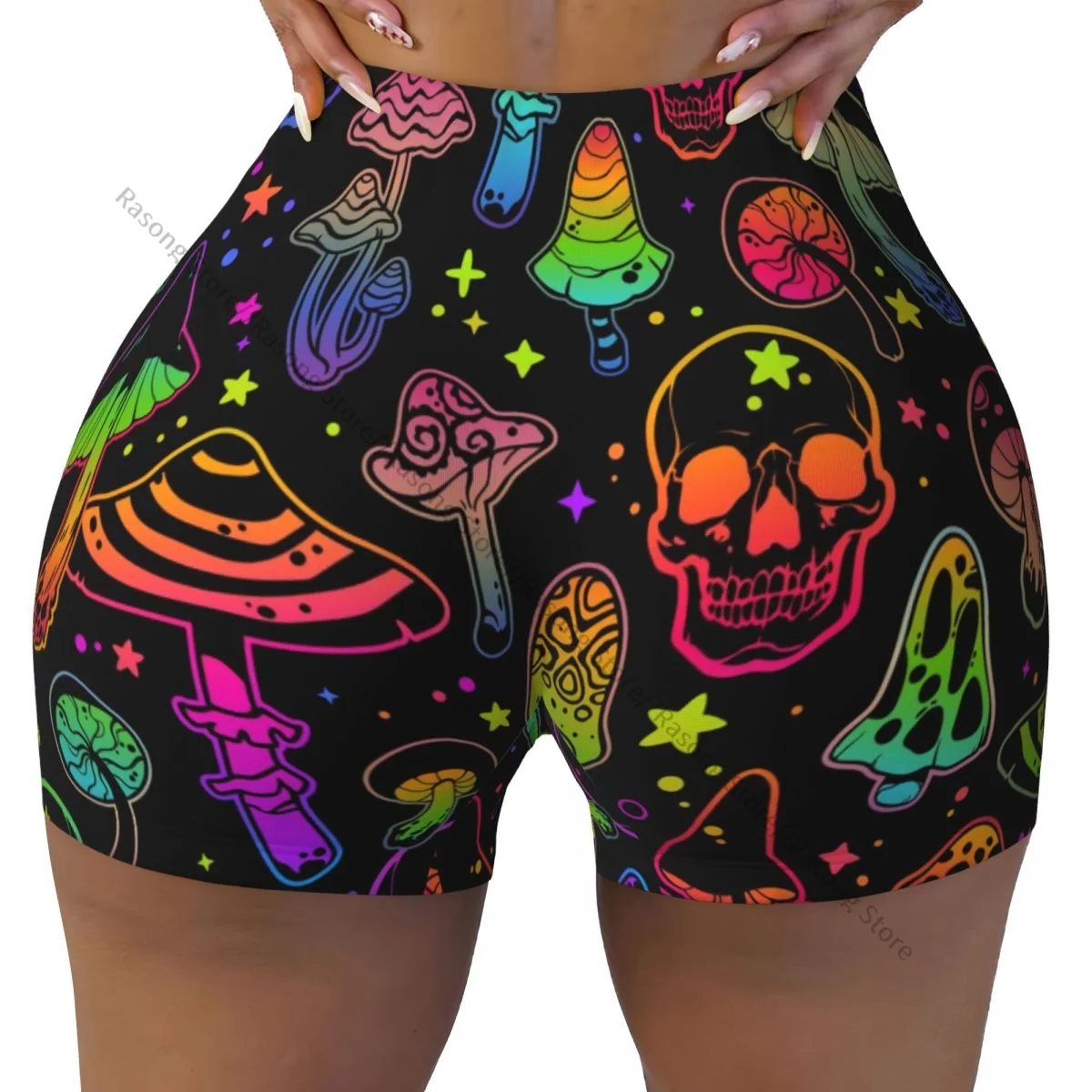 Yoga Shorts Bright Poisonous Mushrooms And Skulls Women Biker Tight Elastic Workout Sports Leggings Sportswear