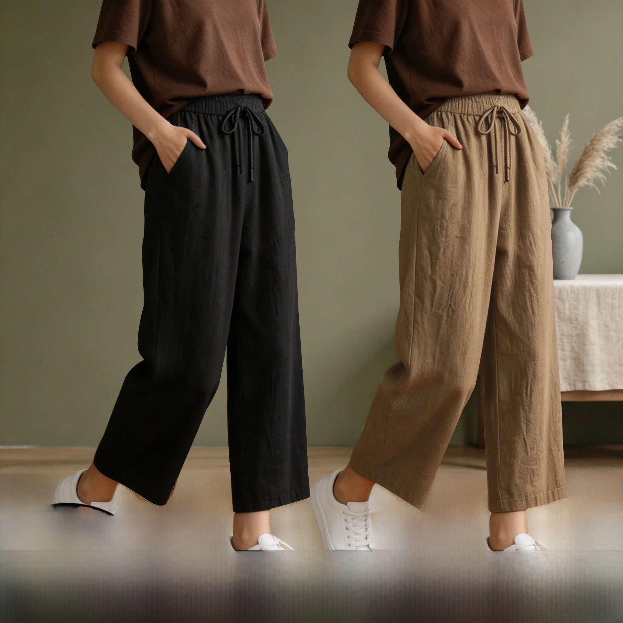 Cotton Linen Wide Leg Pants High Waist Straight Cut Drawstring Summer New Style Thin Material Casual Trousers for Women