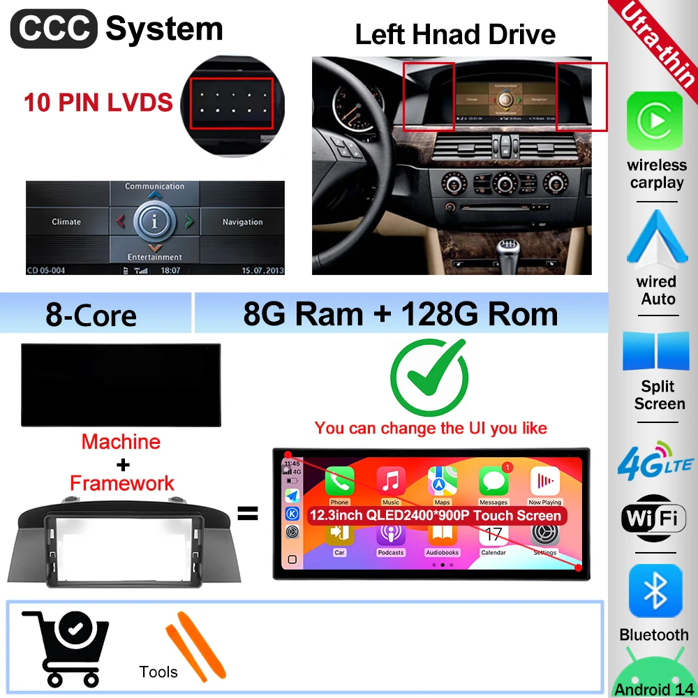 12.3" Ultra-thin Screen Android 16 BT for BMW 5 Series E60 E61 E62 2004-2008 CIC CCC System 4G Car Radio Video Multimedia Player image 3
