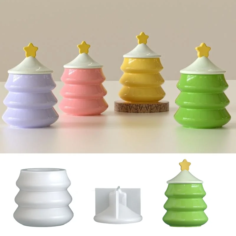 شجرة عيد الميلاد شكل زخرفة صنع كوب شمعة الجبس قالب من السيليكون لتقوم بها بنفسك الروائح زهرية تخزين جرة مع غطاء قالب راتنجات الايبوكسي
