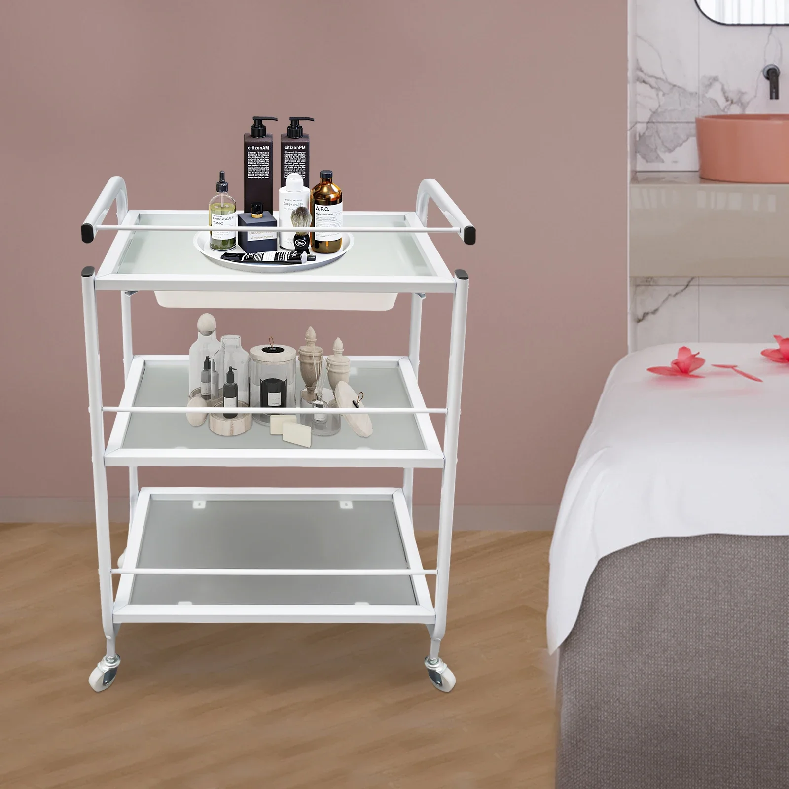 

Meal Frame Rolling Trolley Cart with 3-Tiers and 1 Drawer for Storage Classic Design for Spa Nail Salon and Hairdresser