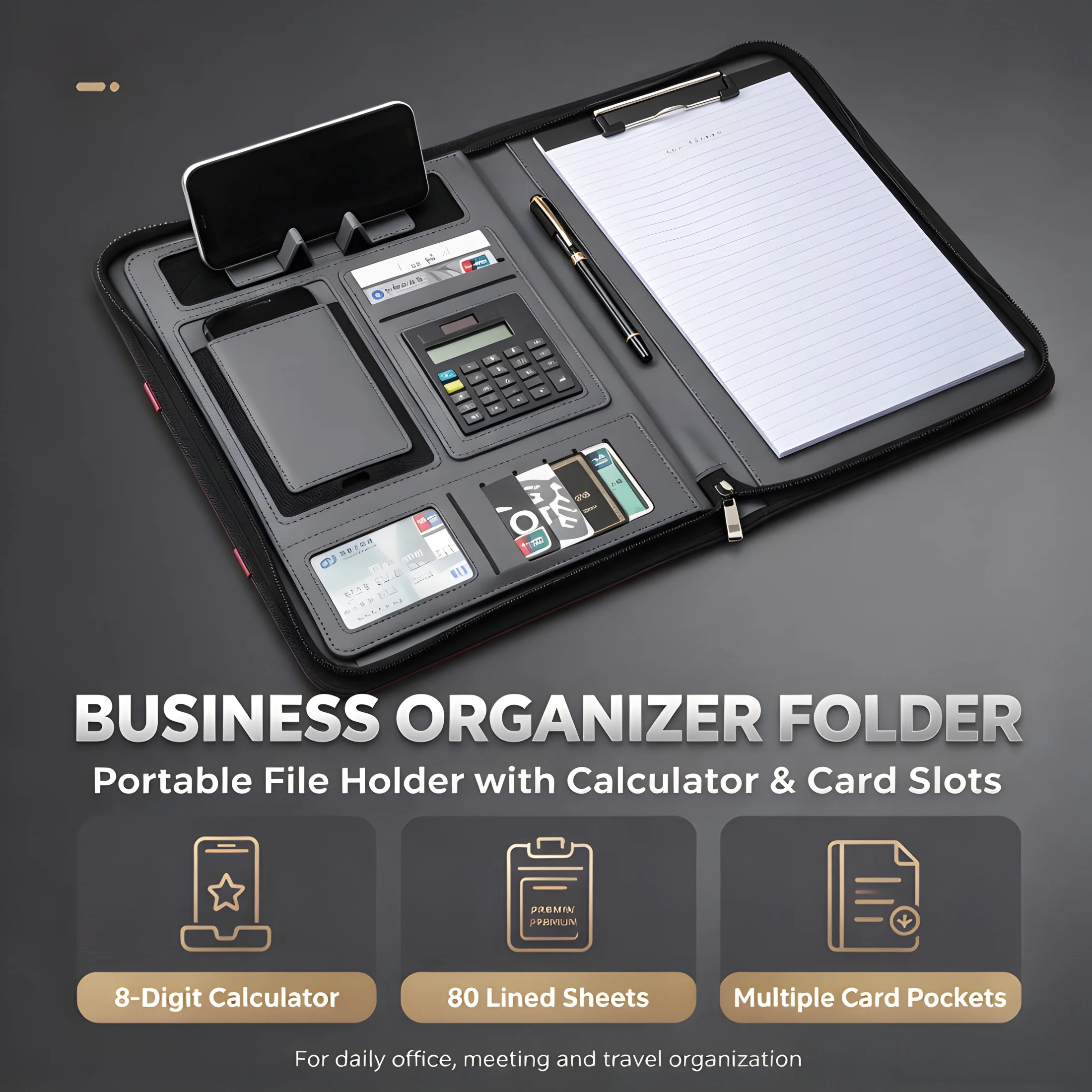 cartella-multifunzionale-per-l’ufficio-e-i-viaggi-dotata-di-calcolatrice-integrata-supporto-per-tablet-scomparti-per-carte-e-blocco-note