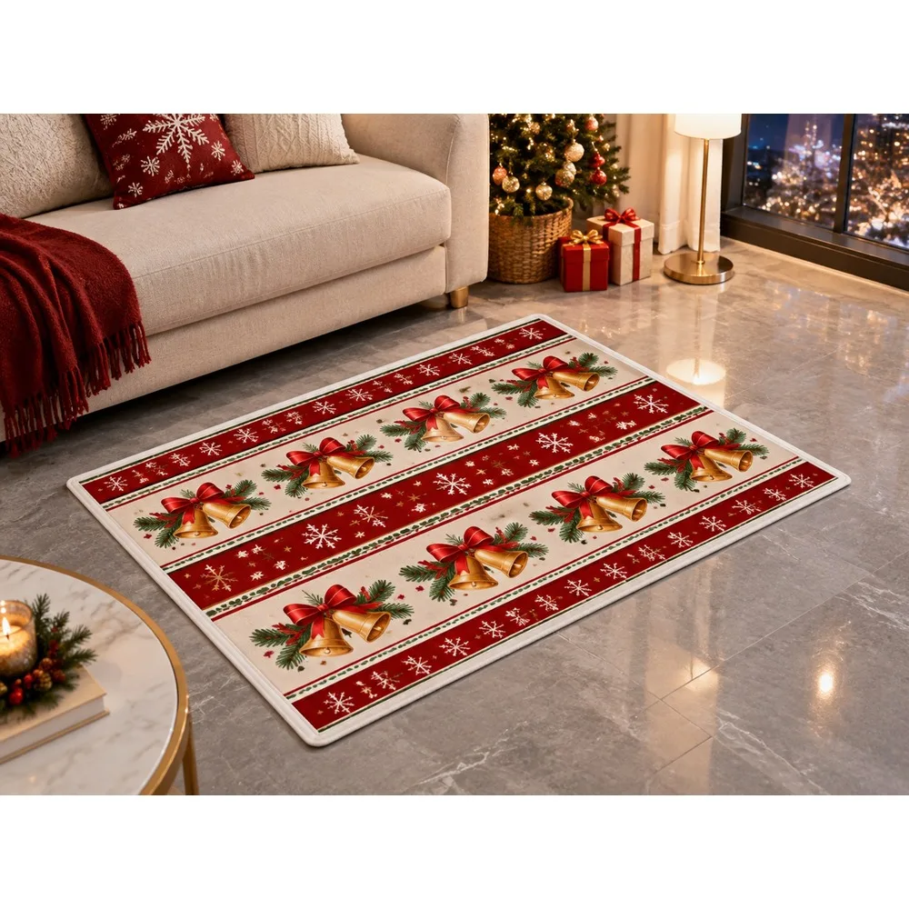 VIKAMA Christmas Wine Cream Bell Flannel Door Mat, Washable Quick Dry Xmas Mat, Christmas Decor for Office, Balcony, Dining Room