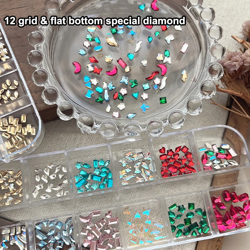 12칸 혼합형 색상 라인스톤 네일 아트 장식 다양한 크기 플랫 백 라인스톤 네일 젤 DIY 네일 액세서리