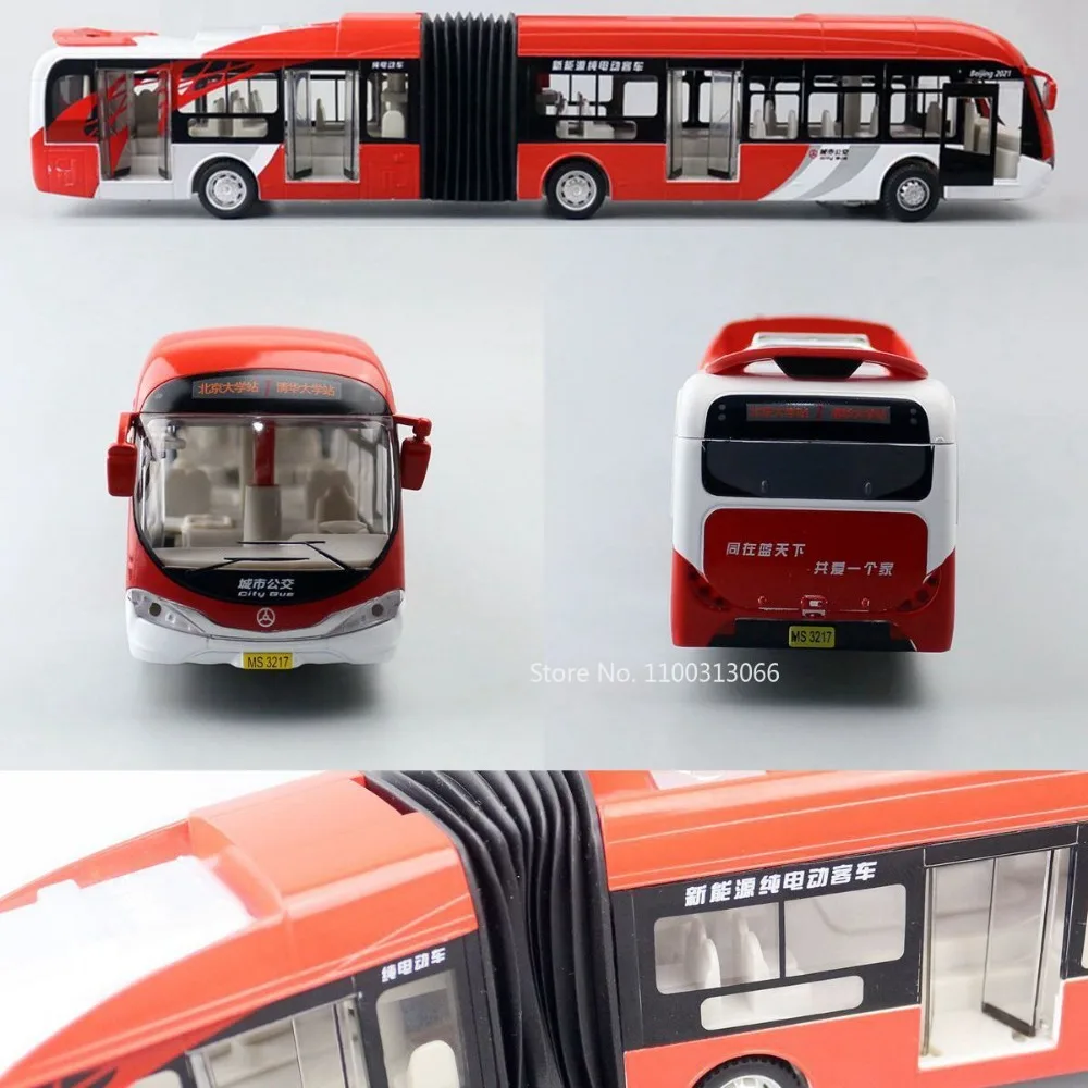 Alloy Diecast Bus Toy Car para Boy, Modelo com Som e Luz, Pull Back Function, Veículo Toy, Articulado, Seção dupla, Presente, 1:32