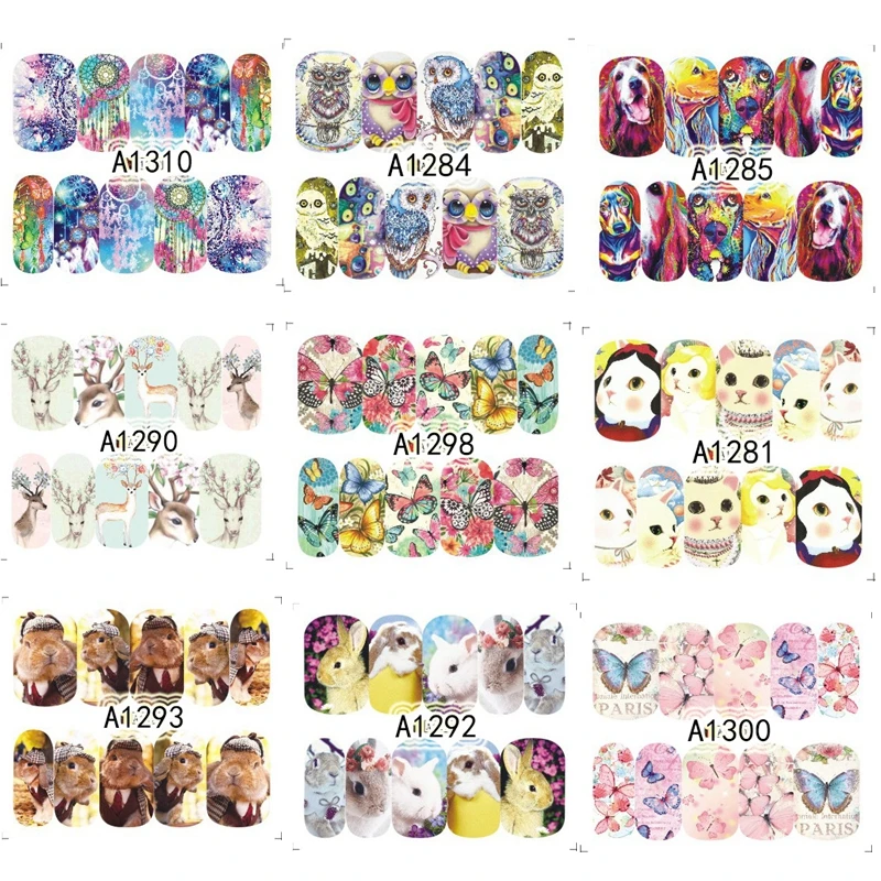 50 Sheets Cute Watermark Nail Stickers Mixed Design Animal Butterfly Dream Catcher Water Transfer Decal DIY Nail Art Decorations