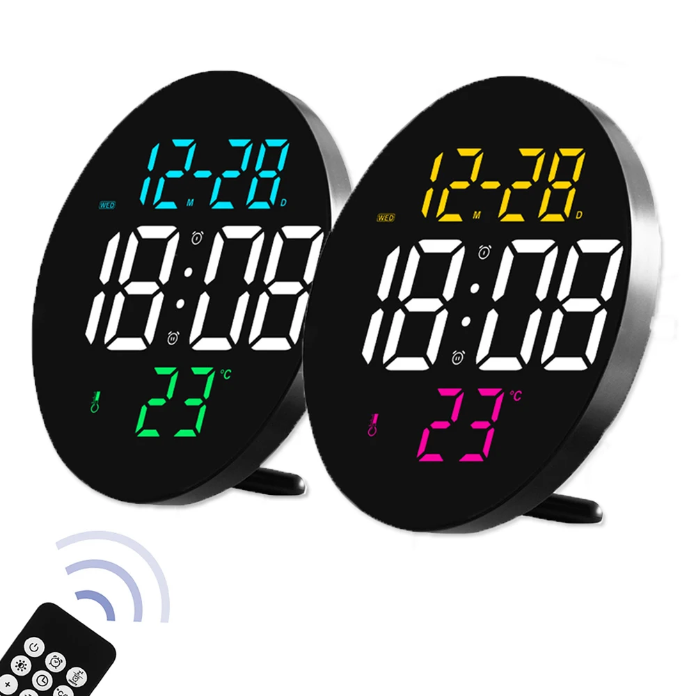 

9inch Round LED Wall Clock Dual Purpose Temperature Date Day Display Digital Electronic Alarm Clock with Remote Control for Home