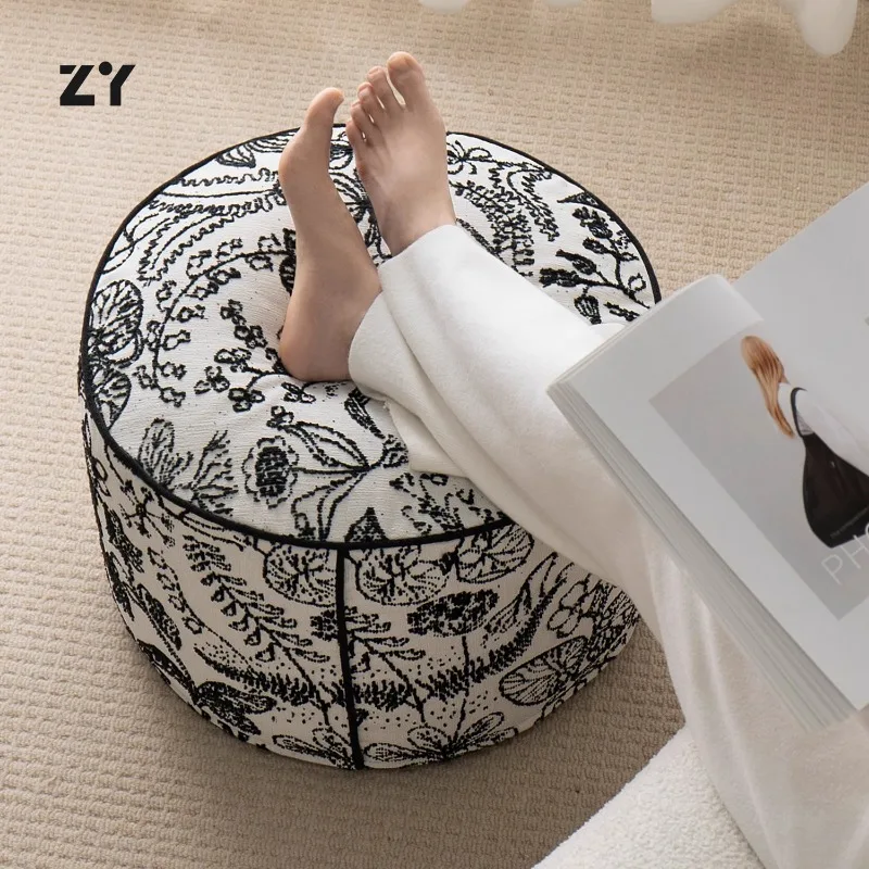 French Art Low Stool Round Sofa Bench for Living Room Tatami Lounge Cushion Home Rest Footstool Elegant Floor Seat Furniture