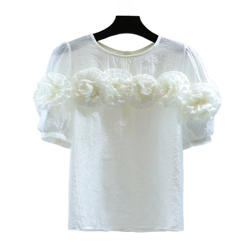 Blusa flor tripulação pescoço manga curta chiffon camisa feminina 2025 verão brilhante zíper atrás pulôver blusas damasco topo